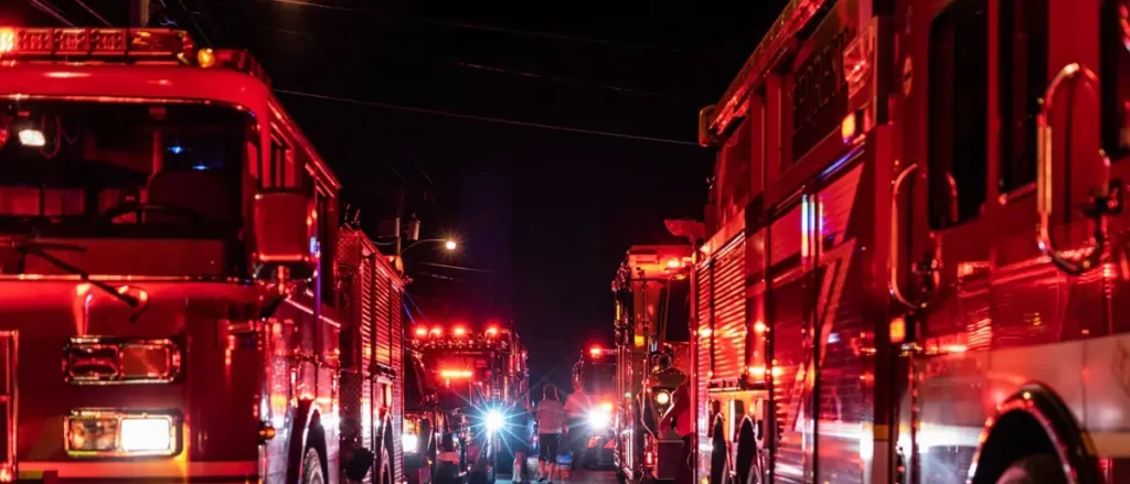 A nighttime scene shows multiple fire trucks with their lights on, indicating an emergency response.