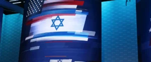 The news photo features the flags of the United States and Israel, with the American flag partially obscured by the Israeli flag, set against a backdrop with the AIPAC logo.