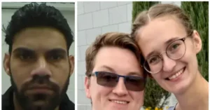 The image shows a man with a beard on the left and two women posing together on the right, with one of them wearing sunglasses.