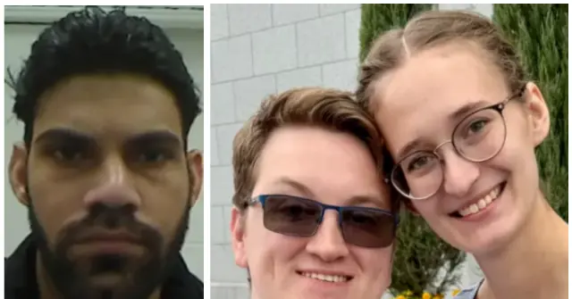 The image shows a man with a beard on the left and two women posing together on the right, with one of them wearing sunglasses.