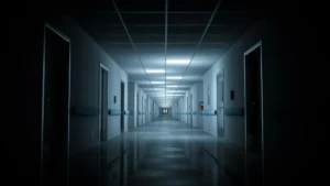 The image depicts a long, dimly lit corridor with evenly spaced doors, creating a sense of emptiness and mystery.