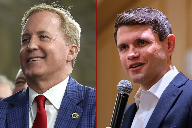 The image shows two individuals, one on the left wearing a blue plaid suit and red tie, and the other on the right in a dark suit, speaking into a microphone.
