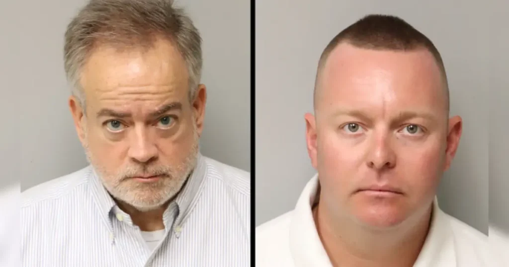The image shows two individuals in mugshot-style photographs, one with gray hair and a beard, and the other with short hair.