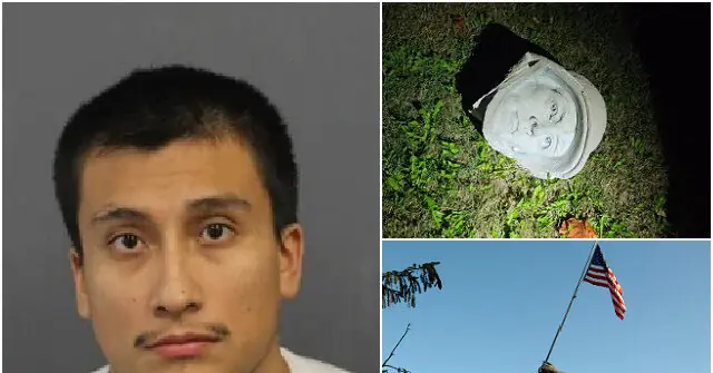 The news photo shows a mugshot of a man, a discarded hat with a face painted on it, and an American flag against a clear sky.