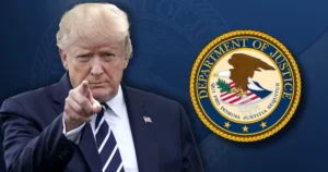 The image depicts a person in a suit pointing, with the seal of the Department of Justice in the background.