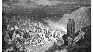 This image depicts a dramatic scene of figures in distress, possibly representing a biblical or mythological event, with rain and lightning in the background.
