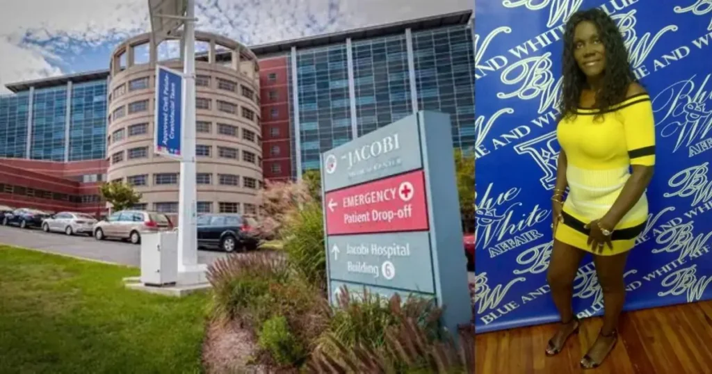 The image shows a woman posing in front of a backdrop with "Blue and White Affair" text, alongside a sign for Jacobi Medical Center, indicating an event or celebration related to the hospital.