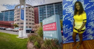 The image shows a woman posing in front of a backdrop with "Blue and White Affair" text, alongside a sign for Jacobi Medical Center, indicating an event or celebration related to the hospital.