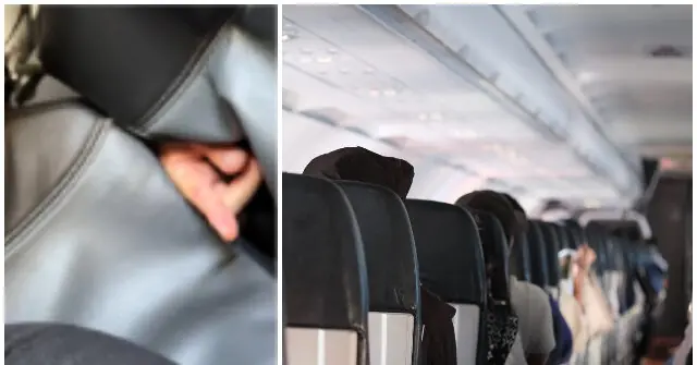 The image shows a person sleeping on an airplane, with their head resting on the back of a seat, while other passengers are seated in the background.