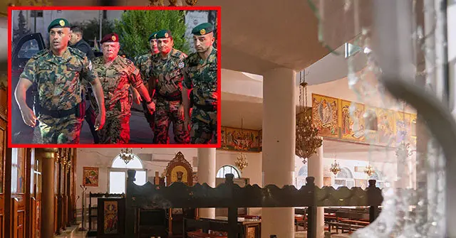 The image shows a group of military personnel in uniform, with a background of a damaged church interior, indicating a possible incident or aftermath of an event.