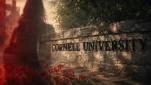 The image shows a stone sign reading "Cornell University" with red flowers in the foreground and trees in the background.