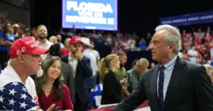The photo captures a political rally in Florida, with a crowd gathered and a large screen displaying "Florida Vote on November 3."