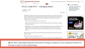 The image shows a legal excerpt from the U.S. Code, specifically Section 611, which addresses voting by aliens and includes a clause about the circumstances under which an alien might reasonably believe they are a U.S. citizen.