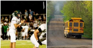 The image juxtaposes a football player on the field during a game with a school bus driving down a rural road.