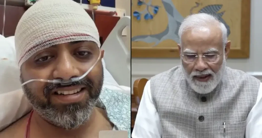 The image shows two individuals, one in a hospital bed with a bandage and oxygen tube, and the other in formal attire, possibly engaged in a conversation or interview.