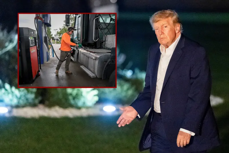 The image shows a man in a suit gesturing with his hand, with a smaller inset photo of a person refueling a truck at a gas station.