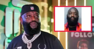 The image shows a man wearing a black cap and a black shirt with a large chain necklace, alongside a smaller inset image of the same man in a different outfit.