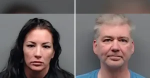 The image shows two individuals in mugshots, one with long dark hair and the other with short gray hair.