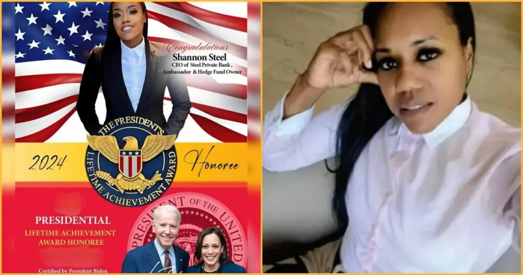 The image celebrates Shannon Steel as the 2024 Presidential Lifetime Achievement Award honoree, certified by President Biden.
