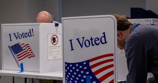 The image shows two individuals at voting booths with "I Voted!" signs featuring American flags, emphasizing the act of voting in the United States.