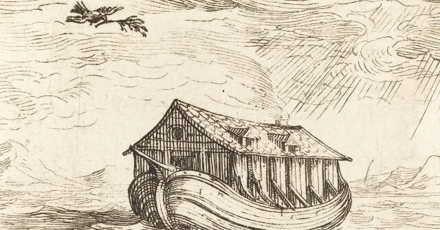The image depicts a sketch of a wooden structure, possibly a boat or a house, amidst turbulent clouds and rain, suggesting a stormy or dramatic scene.