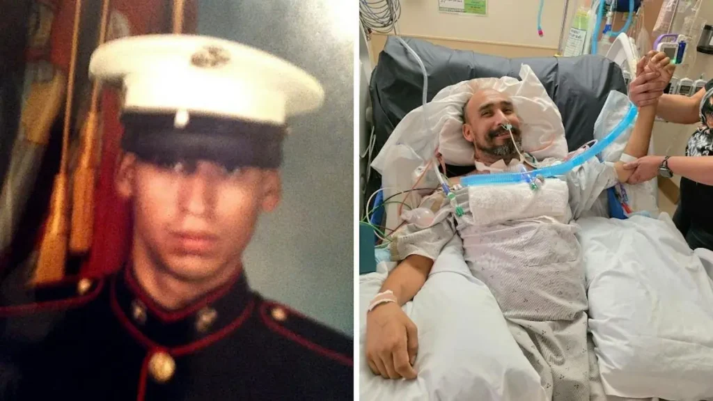The news photo juxtaposes a young man in military uniform with a more recent image of the same individual in a hospital bed, highlighting a significant passage of time and possibly a health-related event.
