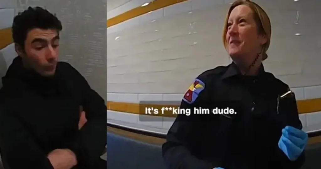 The image shows two individuals in a setting that appears to be an indoor sports facility, with one person wearing a uniform and the other in casual attire. The text overlay on the image reads, "It's f**king him dude."
