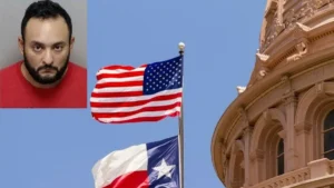The image shows a mugshot of a man in a red shirt, alongside the flags of the United States and Texas, and a view of the Texas State Capitol building.