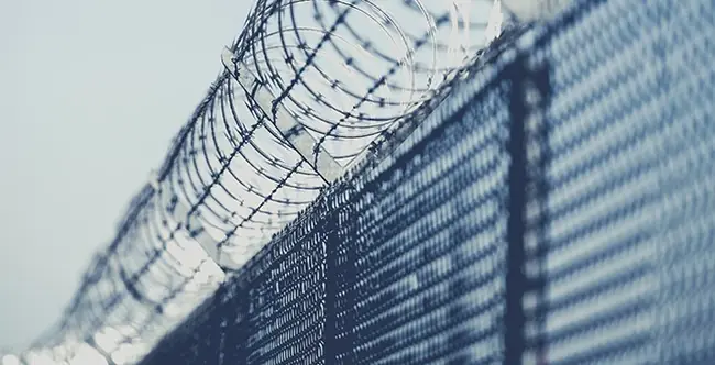 The image shows a close-up of a barbed wire fence, symbolizing security or confinement.