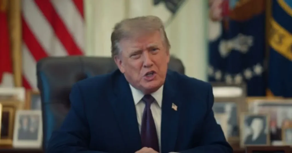 The image shows a person in a formal suit seated at a desk, with an American flag and other flags in the background, suggesting a formal or official setting.