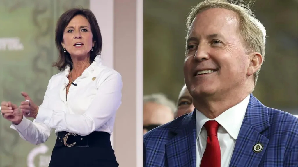 The image shows two individuals, one in a white shirt and black skirt, and the other in a blue plaid suit with a red tie, both appearing to be at a formal event or press conference.