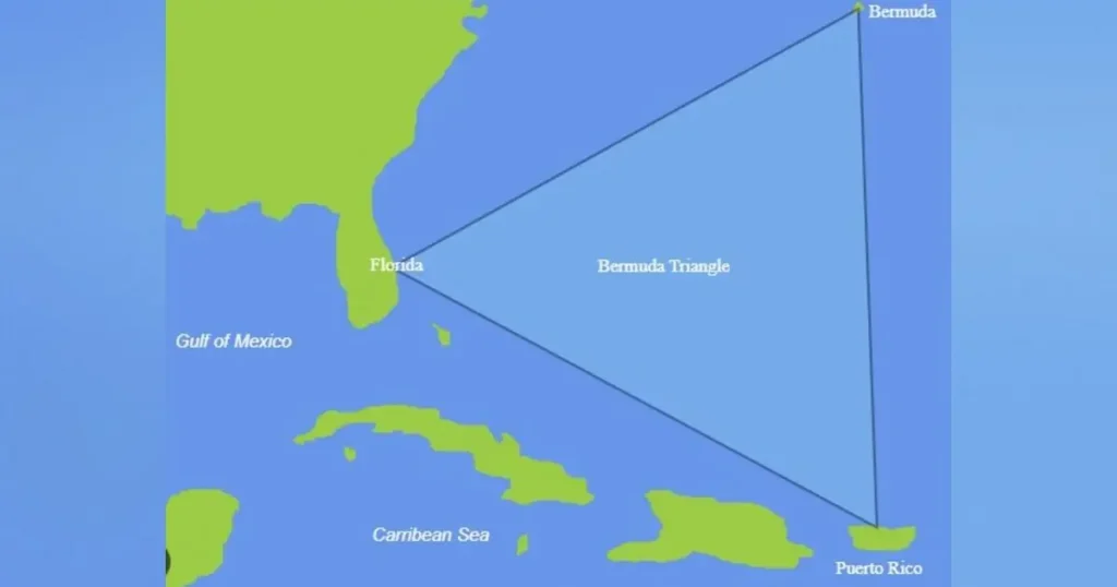 The image shows a map highlighting the Bermuda Triangle, a region in the Atlantic Ocean bounded by Florida, Puerto Rico, and Bermuda.