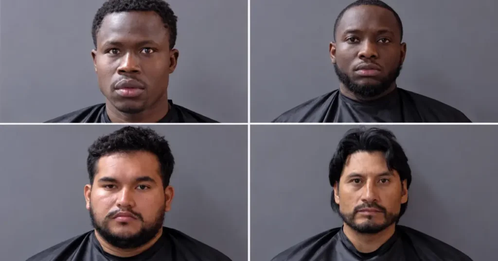 The image shows four men in a collage, each wearing a black barber cape, with different hairstyles and facial hair.