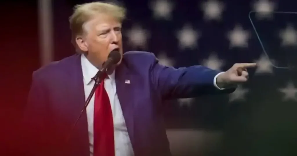 The image shows a person in a suit and tie, speaking into a microphone and pointing to the side, with an American flag in the background.