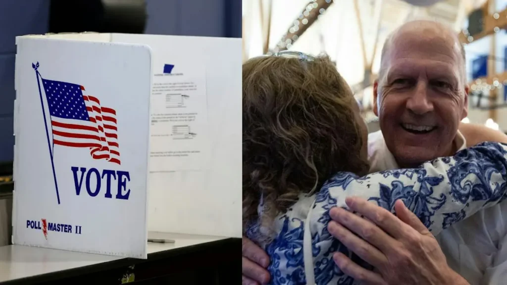 The image shows a polling station with a "Vote" sign and an individual embracing another person, possibly celebrating or expressing gratitude.