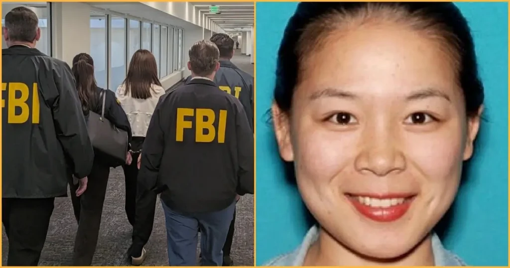 The image shows a group of FBI agents walking down a hallway, with a close-up of a person in a mugshot on the right side.