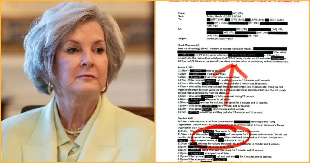 The image shows a news photo with a document detailing a chronology of phone calls and interactions involving a person named Wiles, dated March 7 and 8, 2023.