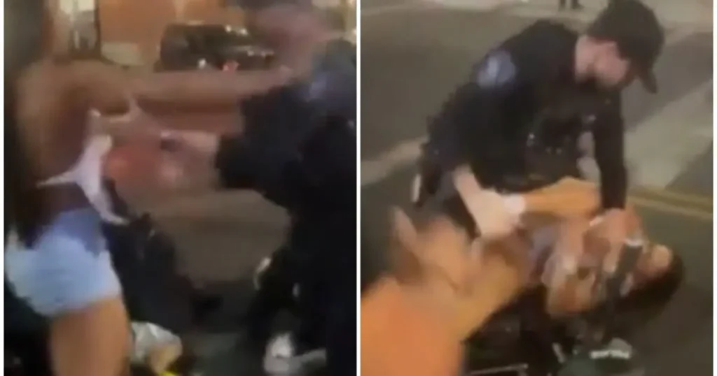 The image shows a person being restrained by law enforcement officers on the ground.
