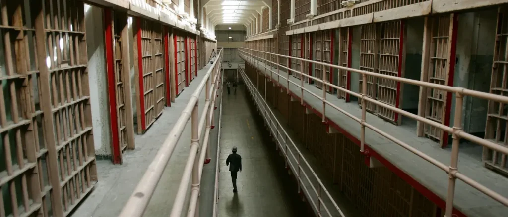 A solitary figure walks down a long, narrow corridor in a prison, flanked by rows of cells.