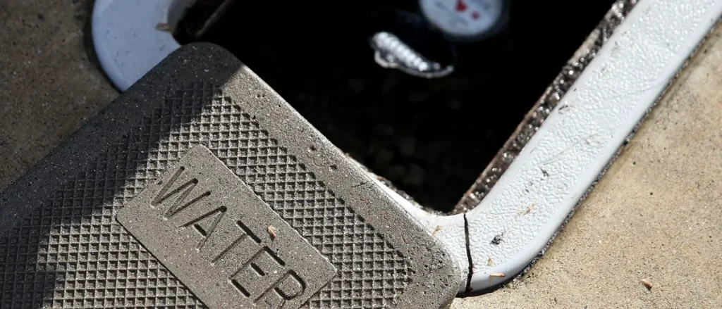 The image shows a close-up of a water meter cover with the word "WATER" embossed on it, placed on a concrete surface.