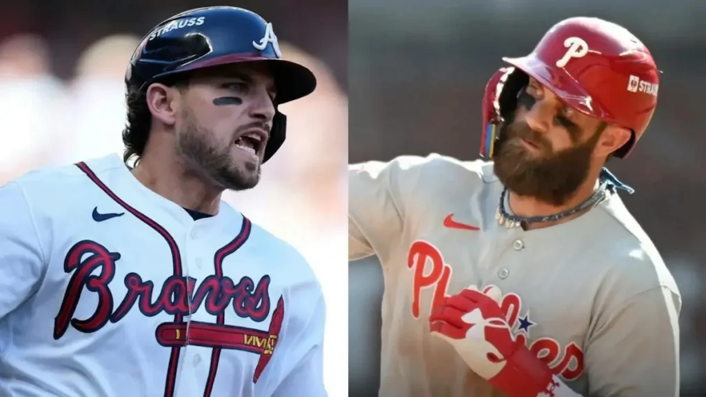 The image shows two baseball players, one wearing a Braves uniform and the other a Phillies uniform, both appearing to be in a moment of action or reaction during a game.