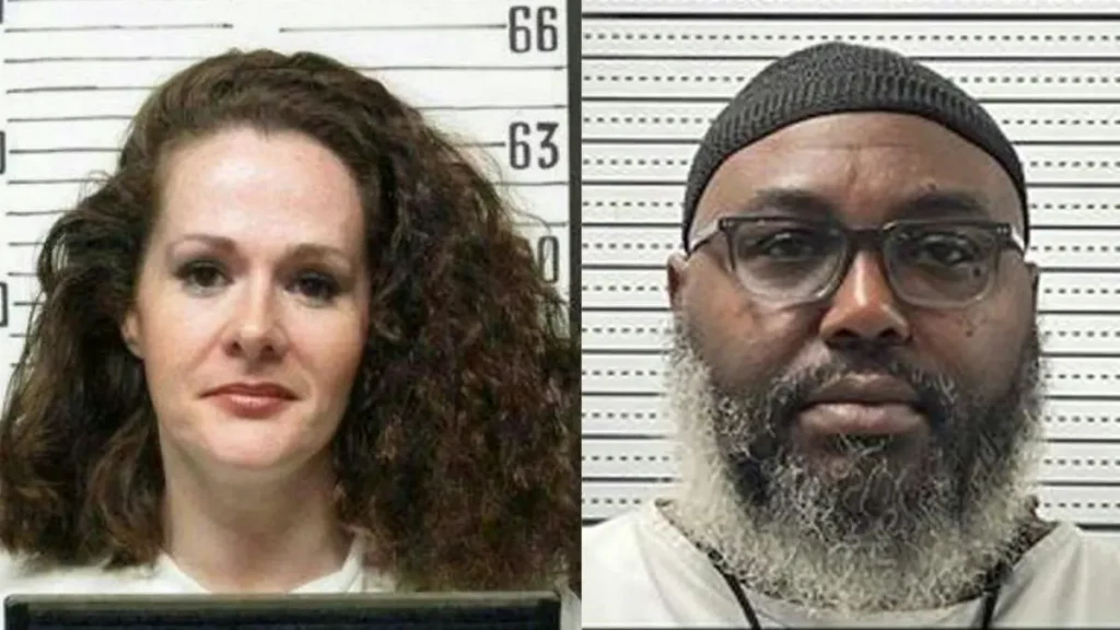 The image shows two individuals in mugshot-style photographs, one with curly hair and the other with a beard and glasses.