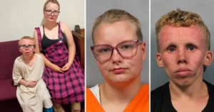 The news photo shows a woman and a child in a casual setting, alongside two mugshots of individuals in orange and black attire.