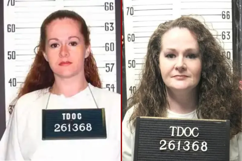 The image shows two mugshots of a woman with different hairstyles, both wearing a TDOC identification tag.