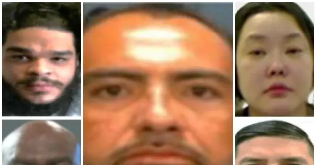The image appears to be a collage of mugshots, likely of individuals involved in a legal case.