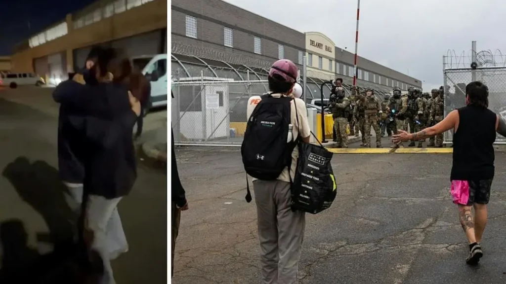 The photo shows a tense scene outside a facility with armed personnel and individuals in casual attire, suggesting a confrontation or protest.