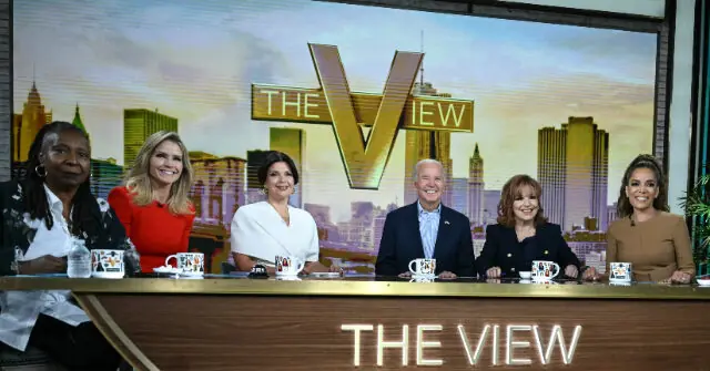 The photo shows a group of six people sitting at a desk with the "The View" logo in the background, indicating they are on a talk show set.