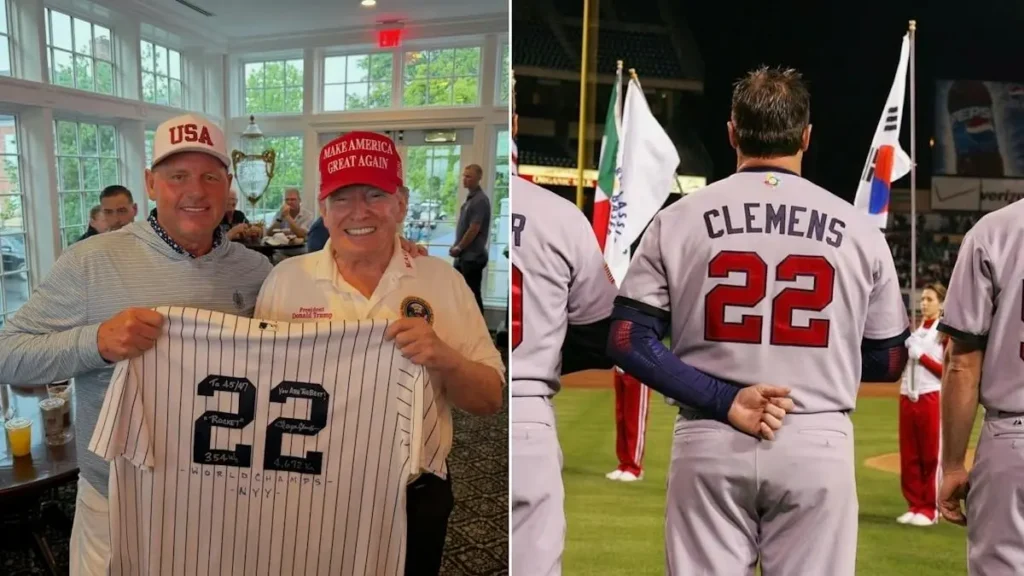 The photo shows two individuals holding a baseball jersey with the number 22, while another image captures a baseball player wearing a jersey with the same number, standing on a field with flags in the background.