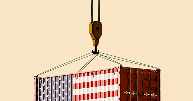The image depicts a shipping container adorned with the American flag being lifted by a crane, symbolizing trade or international shipping.