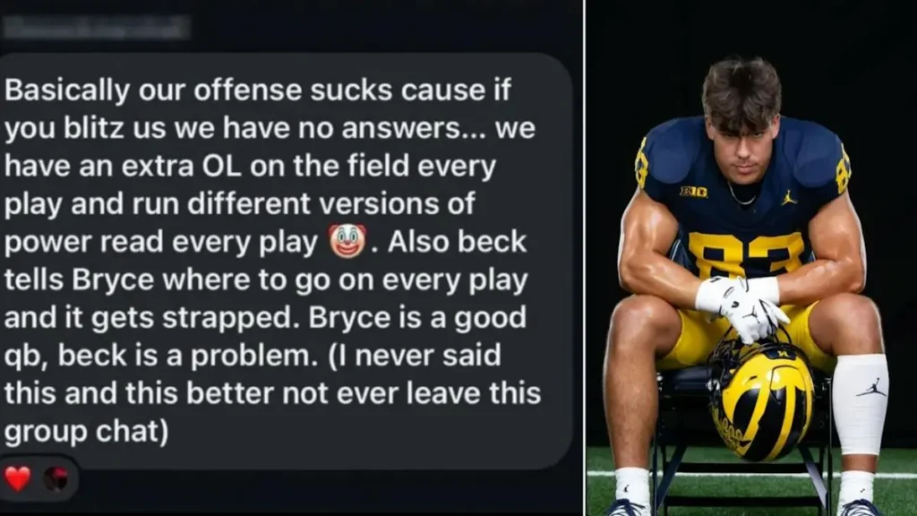 The image shows a football player in a Michigan uniform sitting on a bench, with a text message discussing offensive strategies and issues within the team.